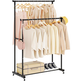 Porte-manteau mobile avec double étagère – support télescopique sur pied pour vêtements, cintres et rangement de chambre